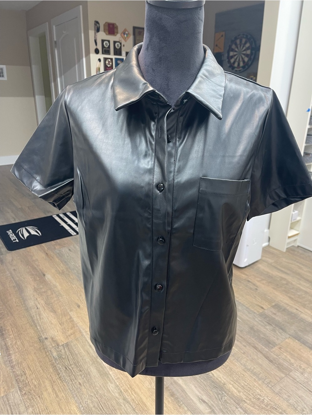 Faith and Joy Black Faux Leather Short Sleeve Button-Up Blouse